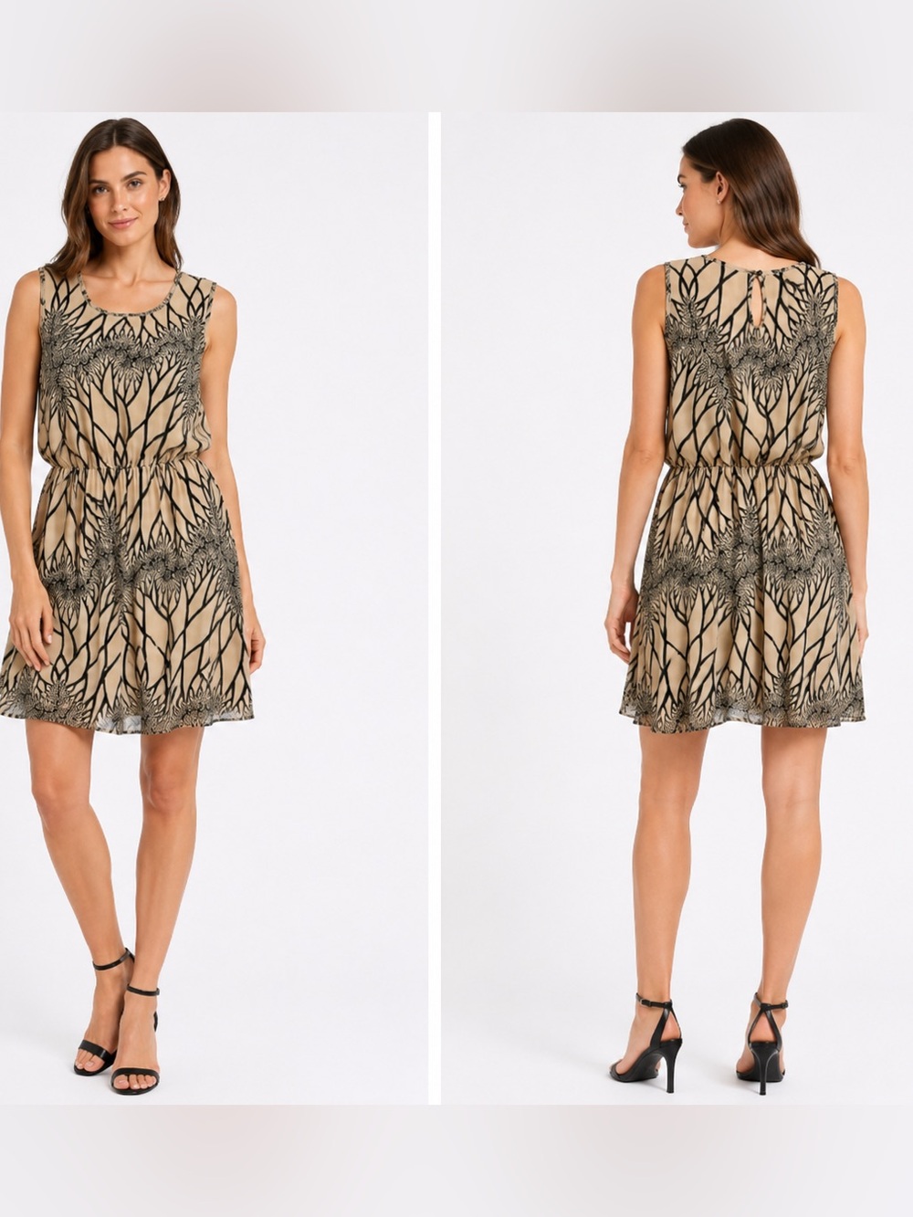 Charming Charlie Beige Black Abstract Print Sleeveless Fit & Flare Dress SzM NWT